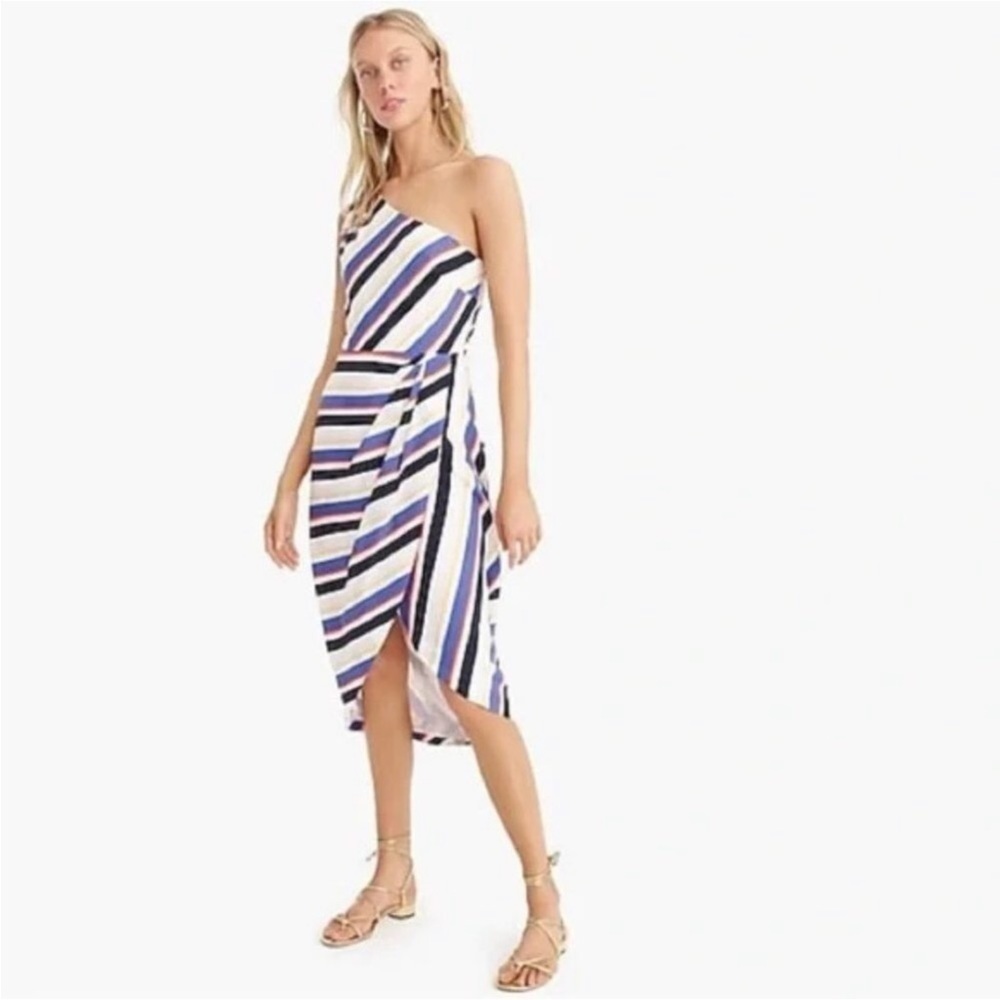 J.Crew midi dress striped Silk One Shoulder Gathered